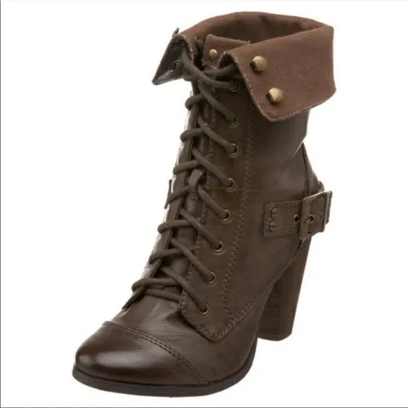 Steve Madden | AWOLL Combat Moto Heel Leather Boots brown women’s 8.5 - Picture 1 of 9